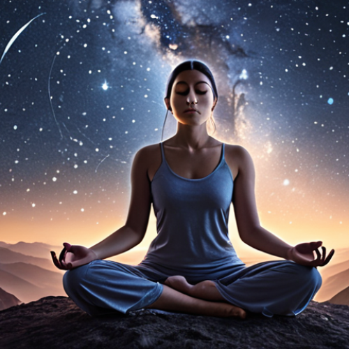 Home 9 **A serene person meditating under a starry night sky, zodiac constellations subtly overlaid, creating a calming and cosmic atmosphere.** (Focus: Astrology meeting meditation, peaceful)