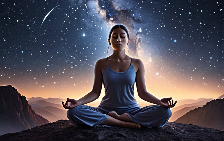 **A serene person meditating under a starry night sky, zodiac constellations subtly overlaid, creating a calming and cosmic atmosphere.** (Focus: Astrology meeting meditation, peaceful)