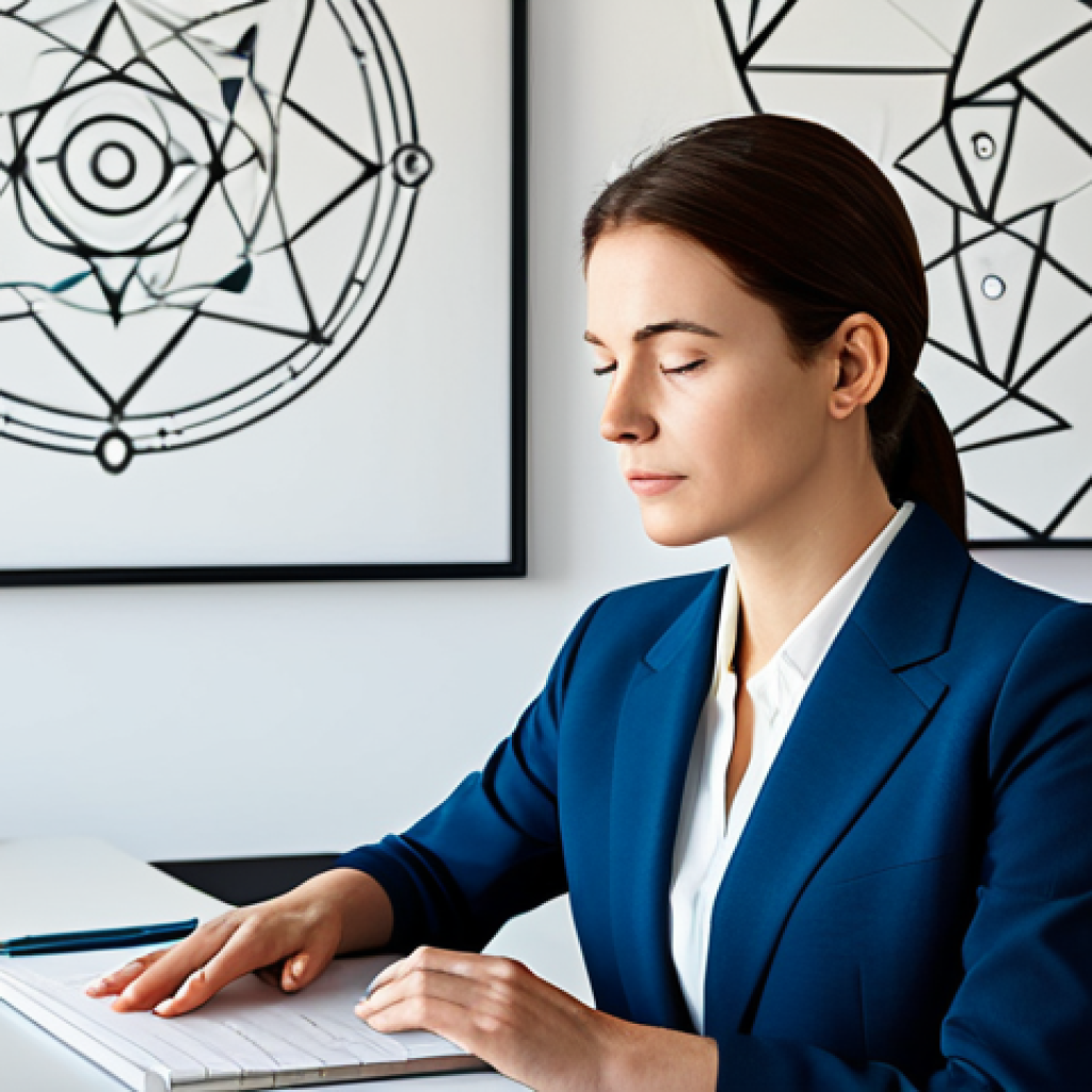A serene professional woman in a modest, elegant business suit, sits thoughtfully at a contemporary desk in a bright, minimalist home office. A subtle, artistic depiction of abstract celestial patterns and geometric zodiac symbols adorns the wall behind her, symbolizing emotional insight and self-discovery. Her expression is calm and contemplative. The scene is illuminated by soft, natural light, professional photography, high quality, perfect anatomy, correct proportions, natural pose, well-formed hands, proper finger count, natural body proportions, fully clothed, appropriate attire, safe for work, professional.