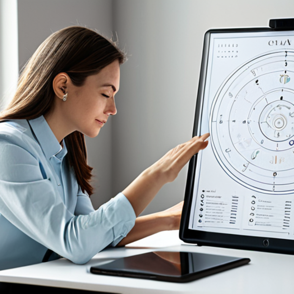 A professional, thoughtful woman in modest business casual attire, seated comfortably at a sleek, minimalist desk in a modern, sunlit home office. She is looking at a tablet displaying a beautifully rendered, stylized astrological birth chart with subtle celestial symbols. The setting evokes a sense of introspection and personal growth. Soft, natural lighting. Fully clothed, appropriate content, safe for work, family-friendly, perfect anatomy, correct proportions, natural pose, well-formed hands, proper finger count, natural body proportions, professional photography, high quality.