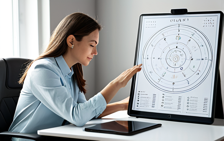 A professional, thoughtful woman in modest business casual attire, seated comfortably at a sleek, minimalist desk in a modern, sunlit home office. She is looking at a tablet displaying a beautifully rendered, stylized astrological birth chart with subtle celestial symbols. The setting evokes a sense of introspection and personal growth. Soft, natural lighting. Fully clothed, appropriate content, safe for work, family-friendly, perfect anatomy, correct proportions, natural pose, well-formed hands, proper finger count, natural body proportions, professional photography, high quality.
