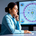 A professional individual in a modest business casual outfit, fully clothed, sitting thoughtfully at a sleek, modern desk. A vibrant, ethereal holographic projection of a detailed astrological birth chart floats above the desk, casting a gentle glow on their face. The background is a clean, contemporary office setting with soft, ambient lighting. The person is in a natural pose, with well-formed hands resting calmly. The image conveys deep contemplation and connection to cosmic guidance, highlighting self-discovery. Appropriate attire, safe for work, correct proportions, natural body proportions, professional photography, high quality, family-friendly content.
