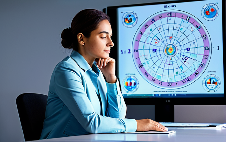 A professional individual in a modest business casual outfit, fully clothed, sitting thoughtfully at a sleek, modern desk. A vibrant, ethereal holographic projection of a detailed astrological birth chart floats above the desk, casting a gentle glow on their face. The background is a clean, contemporary office setting with soft, ambient lighting. The person is in a natural pose, with well-formed hands resting calmly. The image conveys deep contemplation and connection to cosmic guidance, highlighting self-discovery. Appropriate attire, safe for work, correct proportions, natural body proportions, professional photography, high quality, family-friendly content.