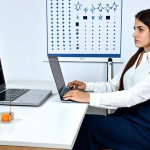 **

A professional woman in her early 30s, dressed in a modest, stylish business casual outfit appropriate for a modern office in Istanbul. She is sitting at a bright desk with a laptop, looking thoughtfully at a star chart on the screen. The office background includes subtle Turkish decorative elements. Perfect anatomy, correct proportions, natural pose, well-formed hands, proper finger count, natural body proportions. Safe for work, appropriate content, fully clothed, professional, family-friendly.

**