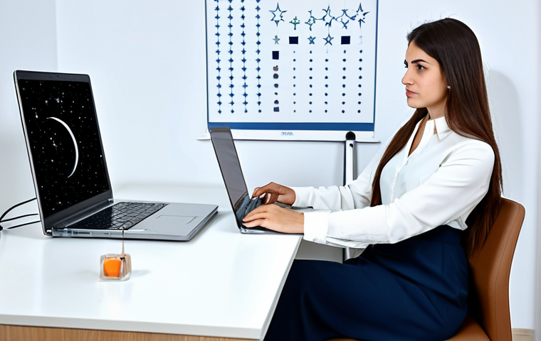 **

A professional woman in her early 30s, dressed in a modest, stylish business casual outfit appropriate for a modern office in Istanbul. She is sitting at a bright desk with a laptop, looking thoughtfully at a star chart on the screen. The office background includes subtle Turkish decorative elements. Perfect anatomy, correct proportions, natural pose, well-formed hands, proper finger count, natural body proportions. Safe for work, appropriate content, fully clothed, professional, family-friendly.

**