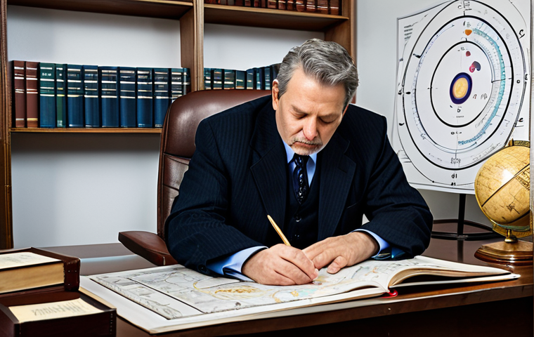 **Prompt:** A professional astrologer in a modest office setting, analyzing a birth chart with planetary alignments visible, wearing professional dress, surrounded by astrological books and charts, safe for work, appropriate content, fully clothed, perfect anatomy, natural proportions, professional photography, high quality.