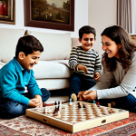 **Theme: Emotional Intelligence & Family:** "A heartwarming scene of a Turkish family playing a board game together in their cozy living room, fully clothed, appropriate attire, safe for work. The children are laughing, and the parents are actively listening, showing empathy and understanding. The room is decorated with Turkish carpets and family photos. Professional photography, perfect anatomy, natural proportions, modest clothing, family-friendly."