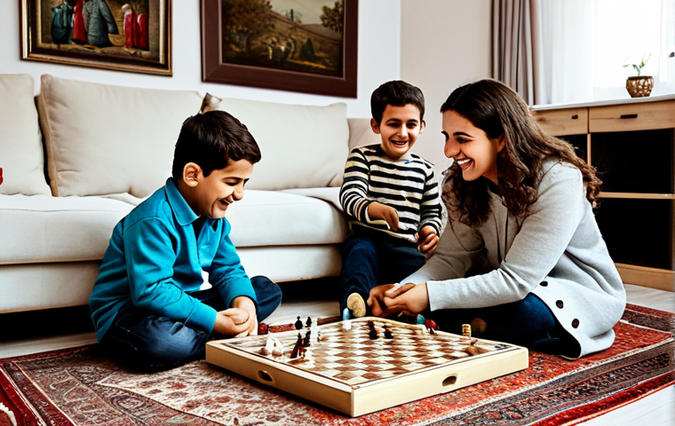 **Theme: Emotional Intelligence & Family:** "A heartwarming scene of a Turkish family playing a board game together in their cozy living room, fully clothed, appropriate attire, safe for work. The children are laughing, and the parents are actively listening, showing empathy and understanding. The room is decorated with Turkish carpets and family photos. Professional photography, perfect anatomy, natural proportions, modest clothing, family-friendly."